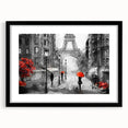 Abstract art print of a colorful Paris skyline, in a black frame with mat, ideal for living room decor.