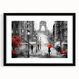 Abstract art print of a colorful Paris skyline, in a black frame with mat, ideal for living room decor.