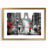 Abstract art print of Paris scenery in muted gold and blue tones on a framed canvas, suitable for dining room decor.