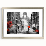 Extra large abstract art print of a Paris street scene in muted earth tones, framed in silver, ideal for living room decor.