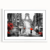 Textured art of abstract Paris scenery in muted gray and blue tones on a framed white mat, ideal for bedroom art.