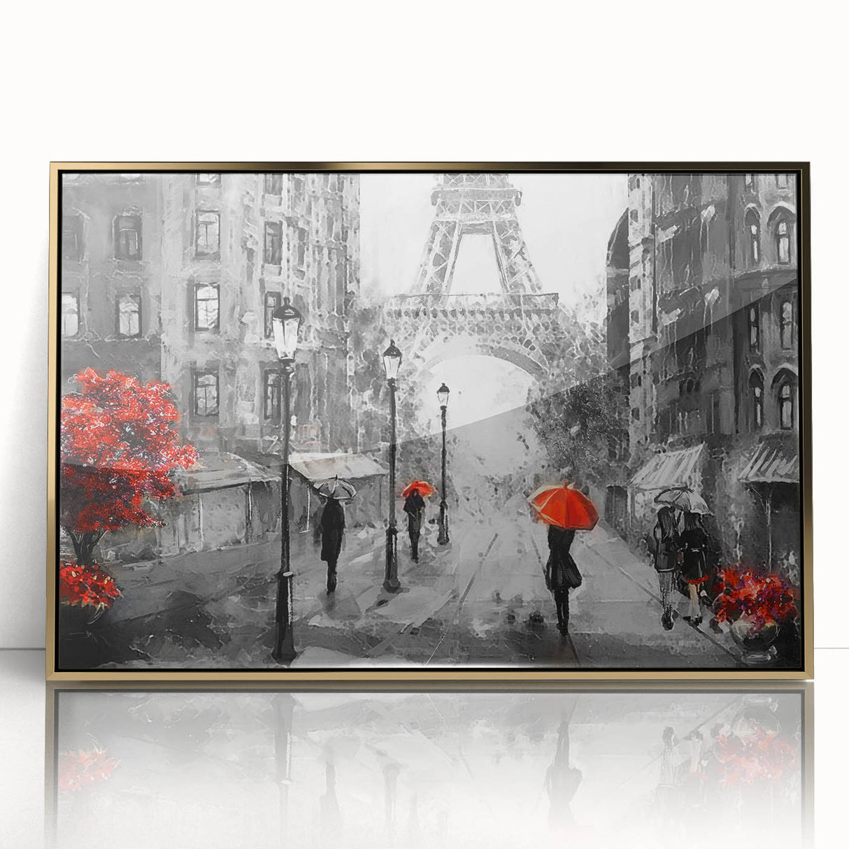 Art Deco poster of Paris scenery with gold acrylic frame, featuring muted pastel shades, ideal for modern art wall decor.