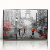 Large art print of Paris scenery in muted colors on silver-framed acrylic, suitable for modern art wall decor.