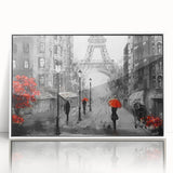 Mid-century modernist art of Paris scenery in muted tones on white framed acrylic, ideal for nursery wall art.