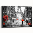 Black and white wall art featuring a vintage Paris landscape on framed canvas, ideal for bedroom decor.