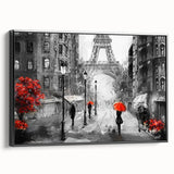Black and white wall art featuring a vintage Paris landscape on framed canvas, ideal for bedroom decor.