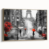 Vintage poster art of Paris landscape on framed canvas, featuring black and gold tones, ideal for bedroom wall decor.