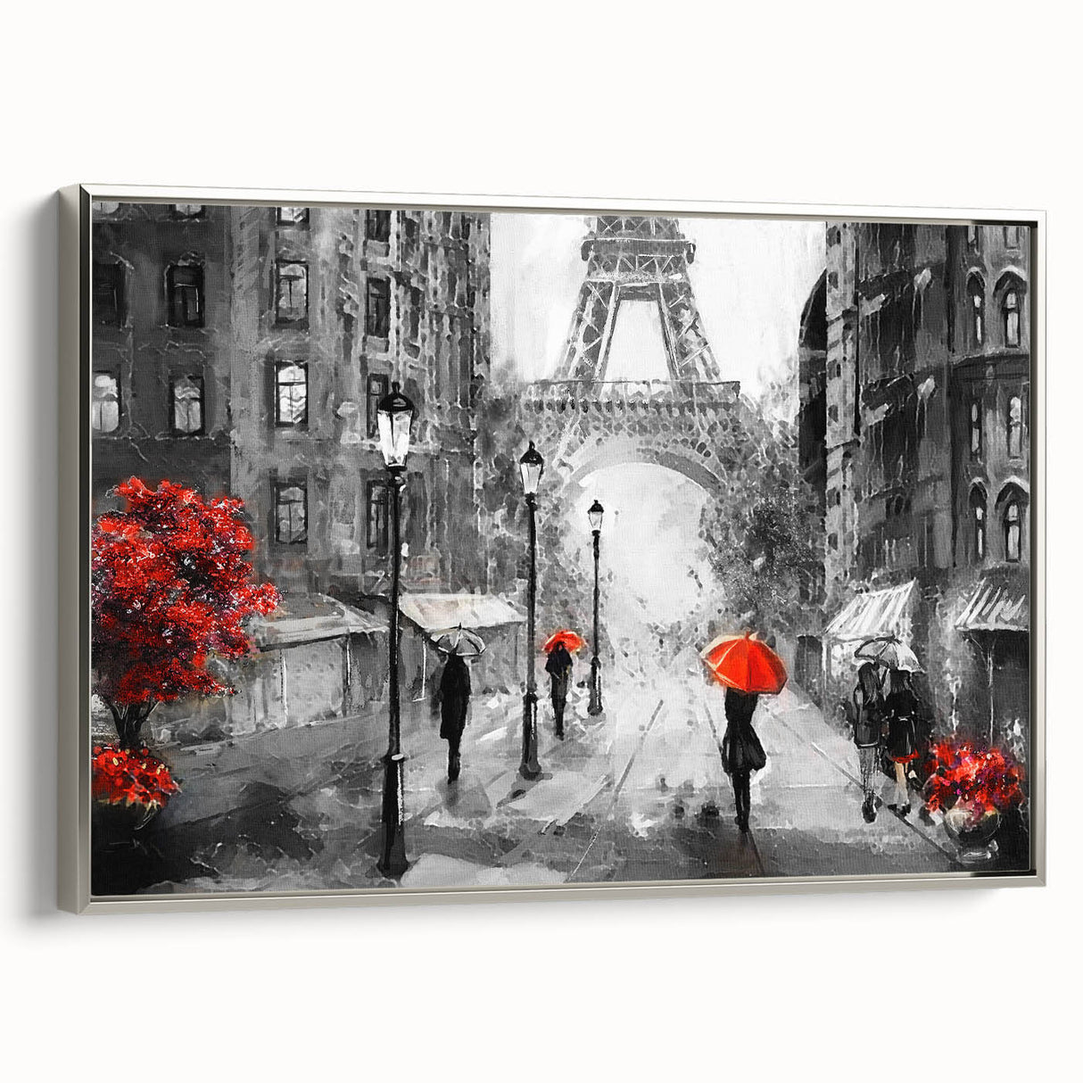 Landscape art painting of Paris featuring colorful art on a silver-framed canvas, ideal for living room decor.