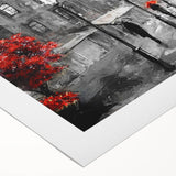 Art deco poster of Paris scenery in muted gray and blue tones on rolled canvas, suitable for dining room wall.