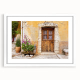 Textured art print of an abstract Provence landscape in muted earth tones, framed with a white mat, ideal for bedroom decor.