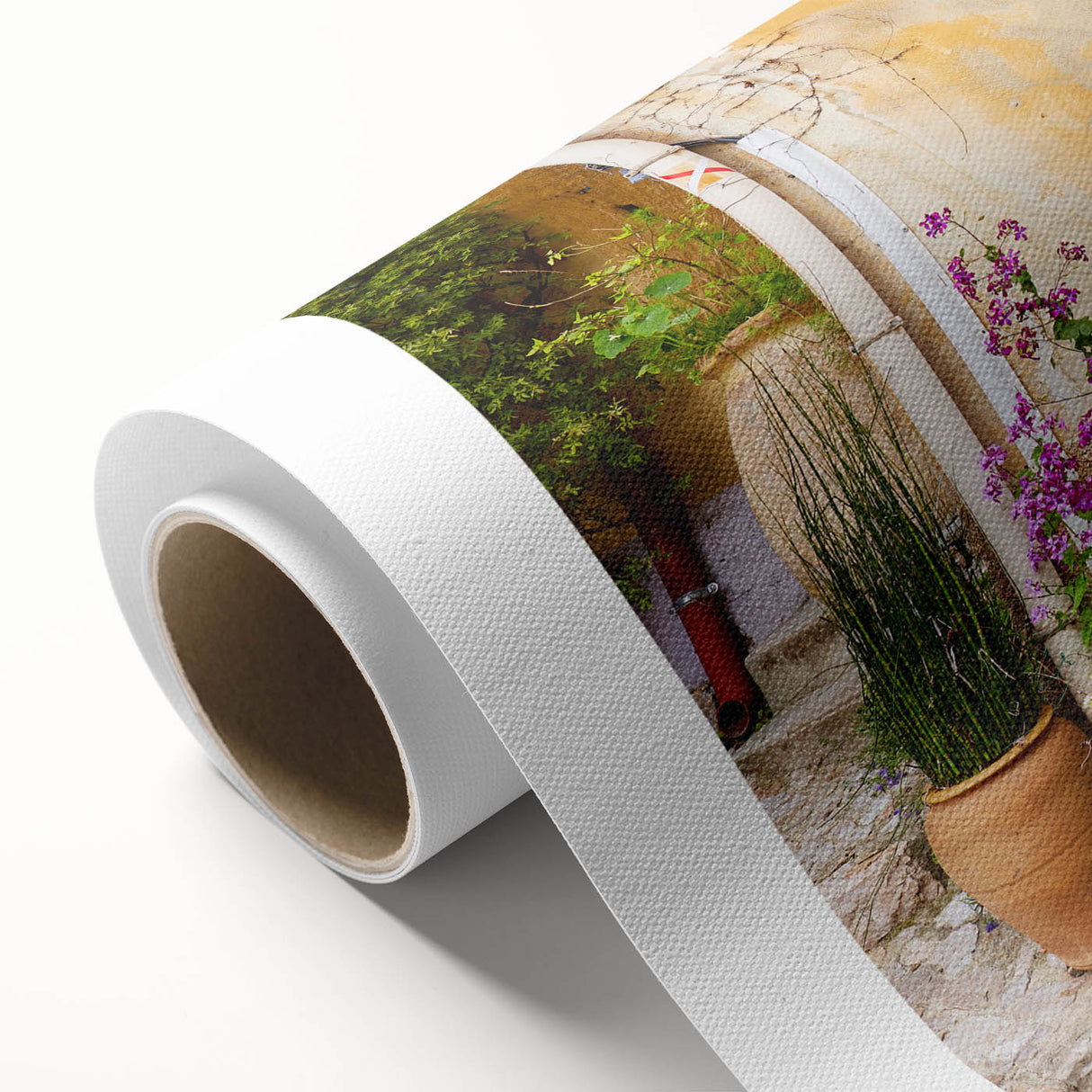 Art Deco poster of a Provence landscape on rolled canvas, featuring muted earth tones.