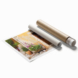 Extra large rolled print of a Provence, France scenery with vibrant floral foreground and quaint buildings.