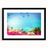 Colorful abstract art print of a vibrant European landscape on a textured, extra large canvas, framed in black.