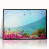 Large abstract wall art depicting a mid-century modernist scene in muted earth tones, framed in black acrylic.