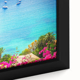 Black wall art featuring a textured, colorful European village scene on a large framed canvas.
