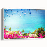 Vintage poster art of a scenic European town in vibrant colors on white framed canvas, ideal for living room decor.