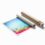 Pastel floral art of southern France scenery on a large rolled canvas, ideal for classy bathroom wall art.