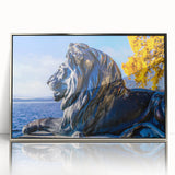 Mid-century modernist art of Bavarian landscape in muted earth tones on a framed acrylic print.