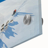 Large abstract wall art depicting a Greenland scenery in muted green tones on acrylic glass, ideal for dining room decor.