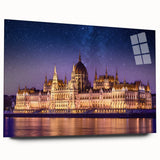 Acrylic print of a large abstract depiction of a European scenery, in muted earth tones.