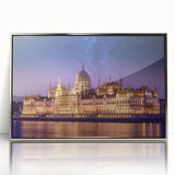 Large framed acrylic print of a European scenery in Hungary, featuring mid-century modernist style.