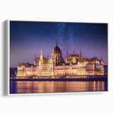 Vintage poster art of a European scenery in Hungary, displayed on a large framed canvas with vibrant colors.