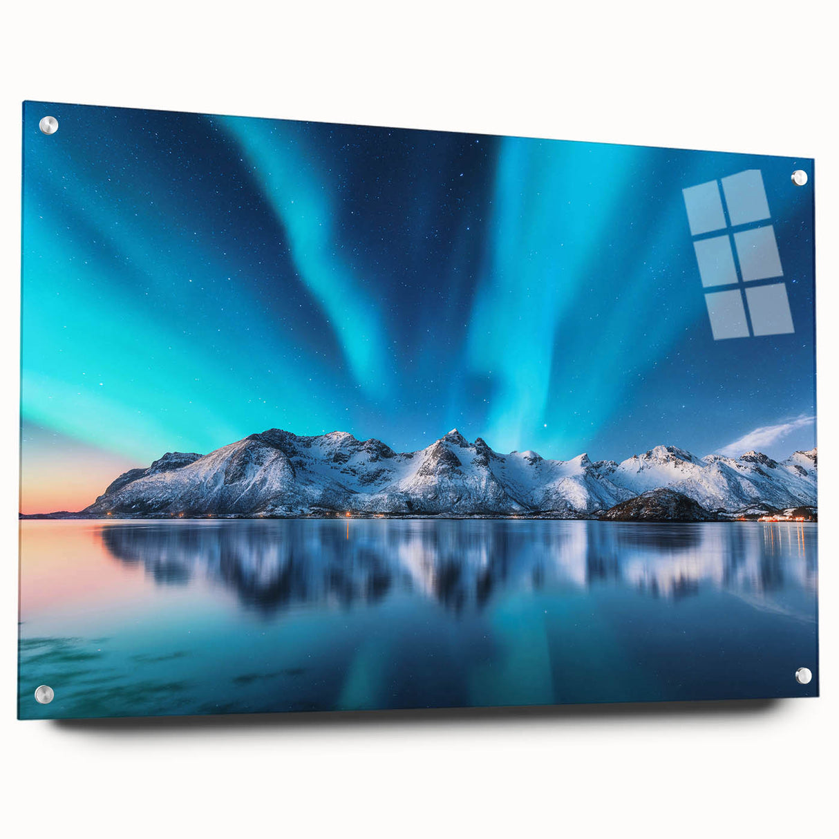 Acrylic print of a serene Icelandic landscape in muted blue and green tones, ideal for bedroom or dining room decor.