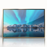 Acrylic print of a serene Icelandic landscape, in muted green and blue tones, framed in gold.