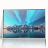 Mid-century modernist art depicting a serene Icelandic landscape in muted earth tones on a framed acrylic print.