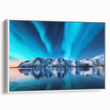 Vintage poster art of a scenic Iceland landscape in vibrant colors on a white-framed canvas, suitable for living room decor.