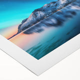 Art deco poster featuring a serene Icelandic landscape in muted blue and green tones on rolled canvas.