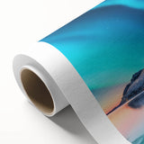 Art deco poster of a serene Icelandic landscape on rolled canvas, featuring muted blue and green tones.