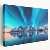 Landscape of an Icelandic waterfall in muted gray and blue tones on stretched canvas, ideal for kitchen wall art.