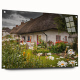Acrylic print of a misty Irish landscape in muted green and blue tones, ideal for dining room decor.