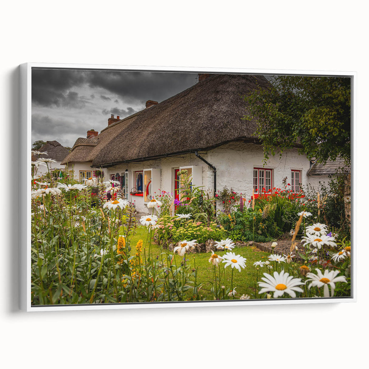 Vintage poster art of an Irish landscape on framed canvas, featuring vibrant greens and blues, ideal for living room decor.