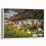 Vintage poster art of an Irish landscape on framed canvas, featuring vibrant greens and blues, ideal for living room decor.