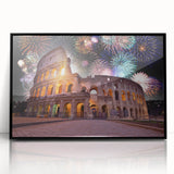 Large abstract wall art depicting a mid-century modernist Rome scenery in muted earth tones on framed acrylic.