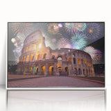 Mid-century modernist art of Rome's skyline in muted earth tones on a framed acrylic, ideal for nursery wall art.