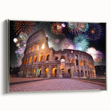 Framed canvas of a vintage-style Rome landscape with colorful art on a black background, ideal for living room decor.