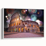 Vintage poster art of Rome with colorful accents on a large framed canvas, ideal for living room decor.