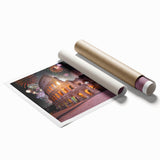 Extra large rolled print of Rome scenery with floral accents in soft colors, suitable as classy bathroom wall art.