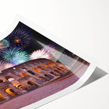 Extra large wall art featuring line art flowers against a pastel-hued Roman scenery on a rolled canvas.