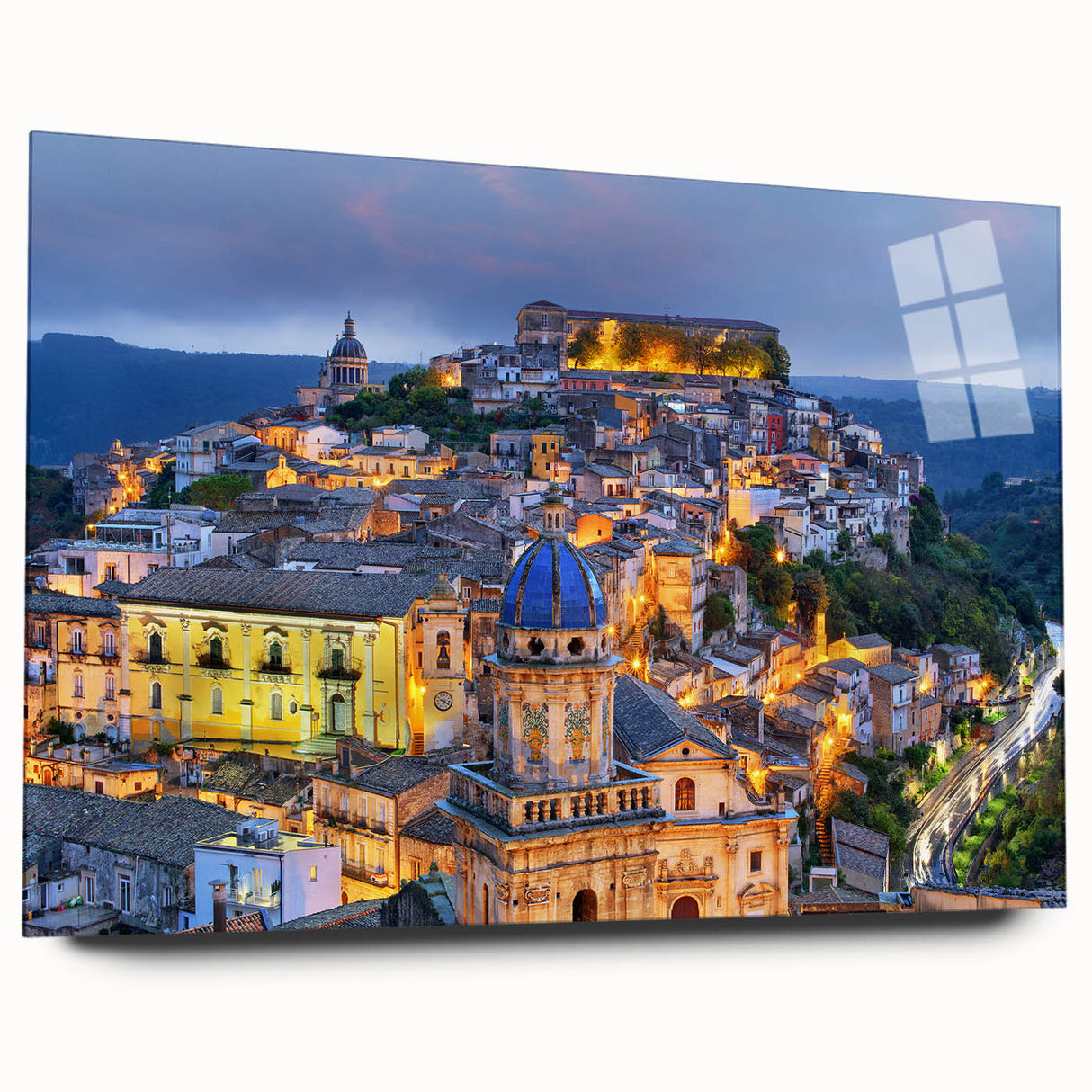 Acrylic print of a Sicilian landscape in muted earth tones, ideal for bedroom or dining room art.