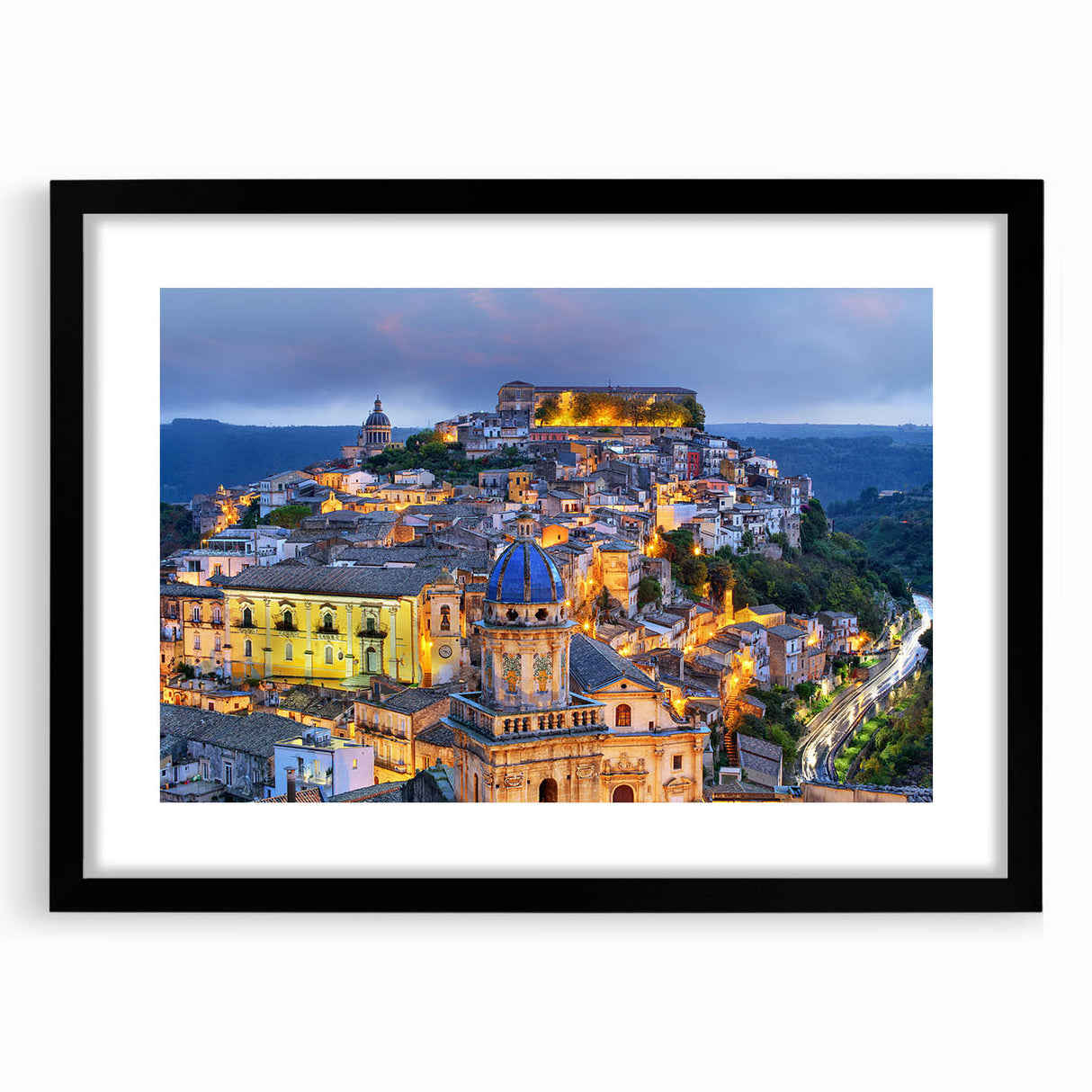 Colorful abstract art print of a Sicilian landscape in vibrant hues on a large framed canvas, suitable for living room decor.