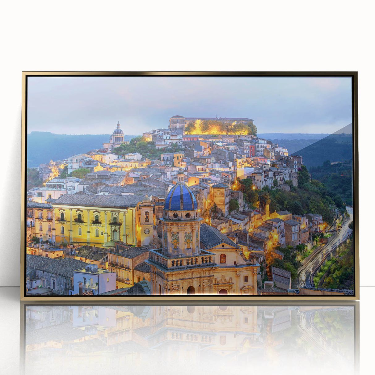 Art deco poster of Sicilian landscape in acrylic, framed in gold, ideal for modern nursery wall art.