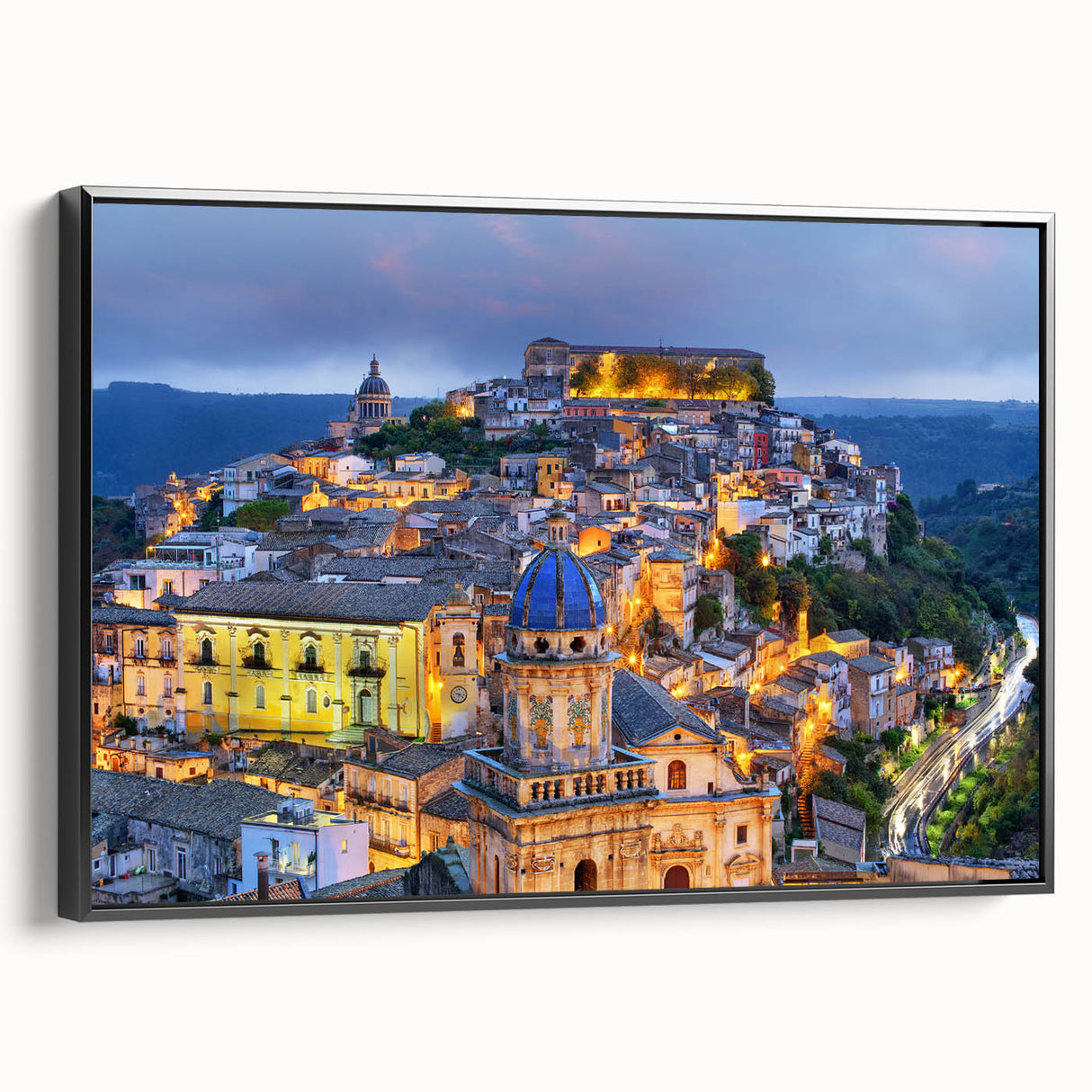 Black and white vintage poster art of Sicily landscape on framed canvas, ideal for bedroom wall decor.