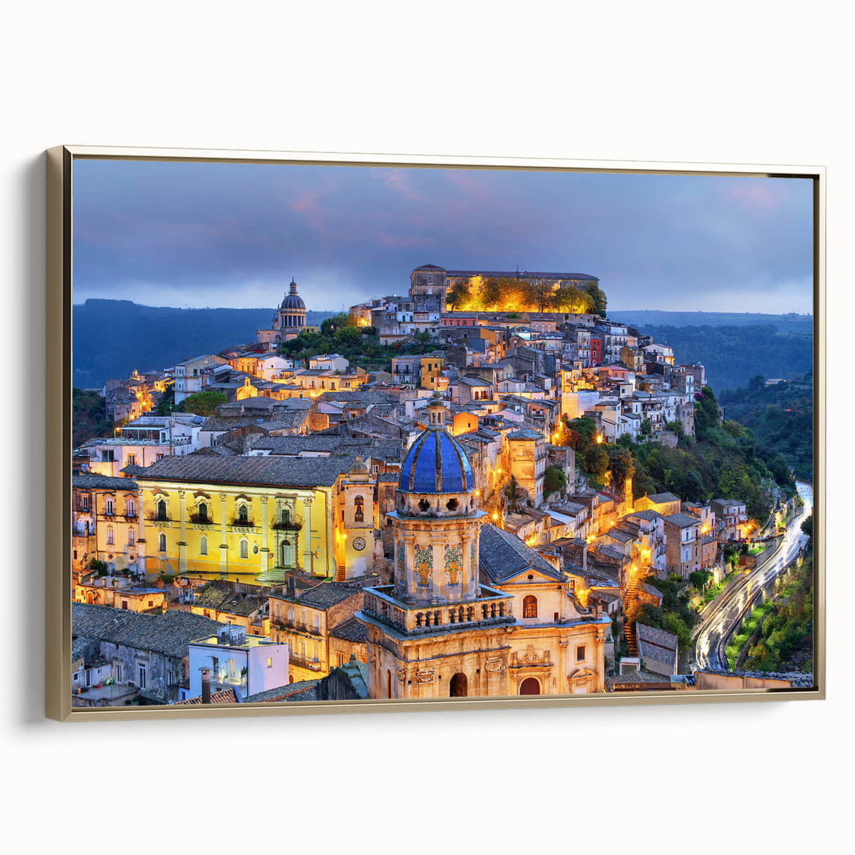 Framed canvas featuring a vintage-style landscape painting of Sicilian scenery, ideal for bedroom wall art.
