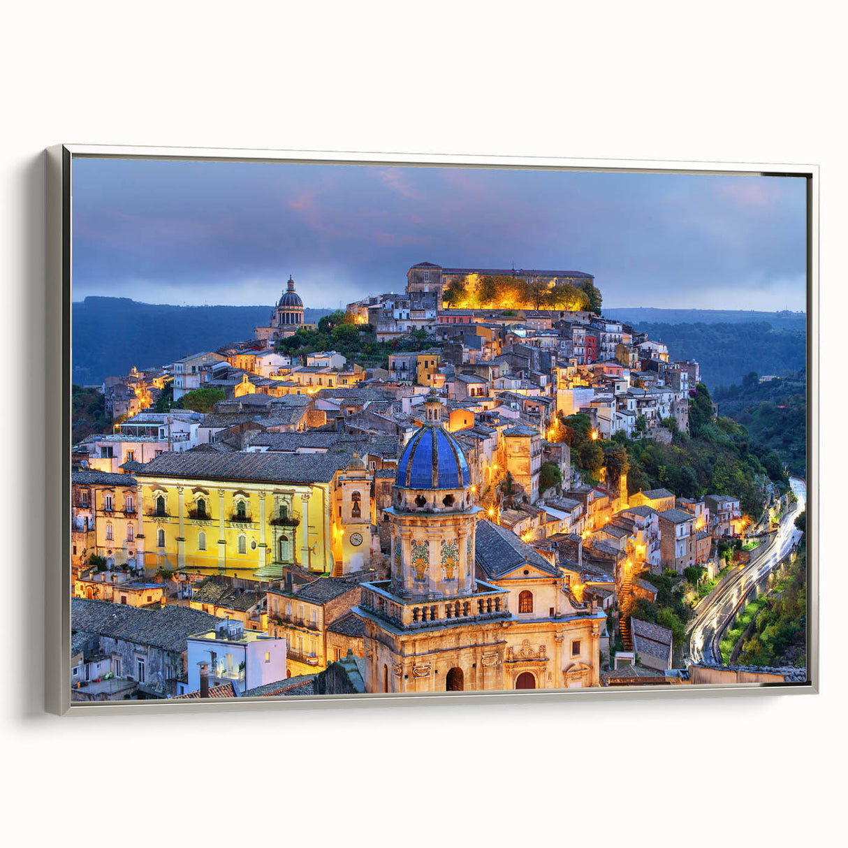 Framed canvas featuring a vintage landscape painting of Sicilian scenery, with vibrant color details.