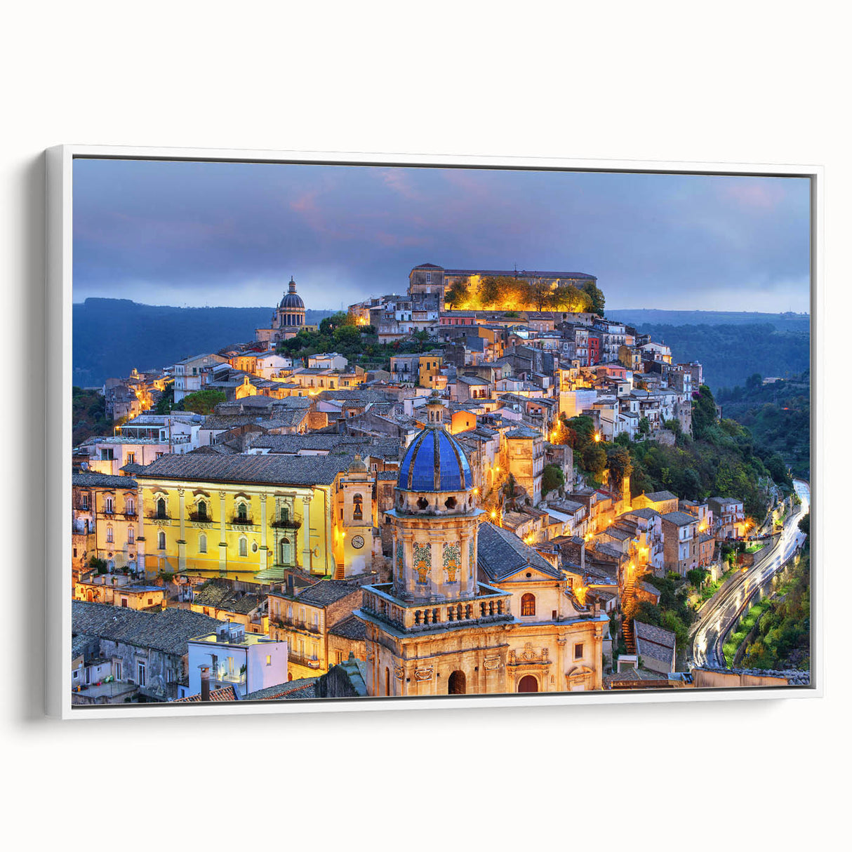Vintage poster art of Sicilian landscape on framed canvas, featuring vibrant colors, ideal for living room decor.