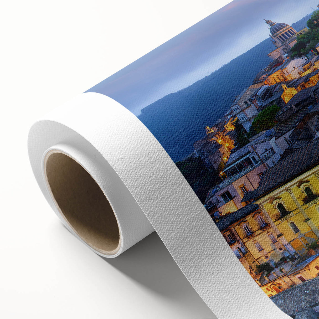Art deco poster of Sicily landscape in pastel shades on rolled canvas, ideal for nursery wall art.